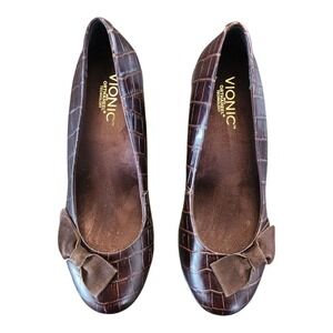 Vionic Lena Orthoheel Brown Croc Embossed Wedge Heel‎ Bow Accent Shoes 7.5